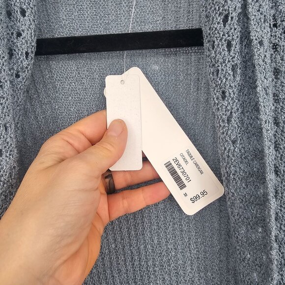 Soft Surroundings Long Duster Cardigan M Blue Crochet Pleated Boho Cottagecore - Picture 5 of 11